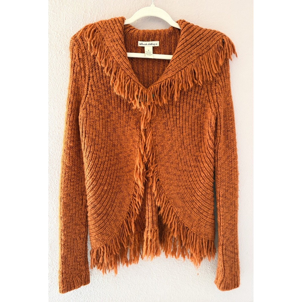 Telluride Clothing Co Y2K Boho Burnt‎ Orange Fringe Chunky Knit Wool Cardigan S